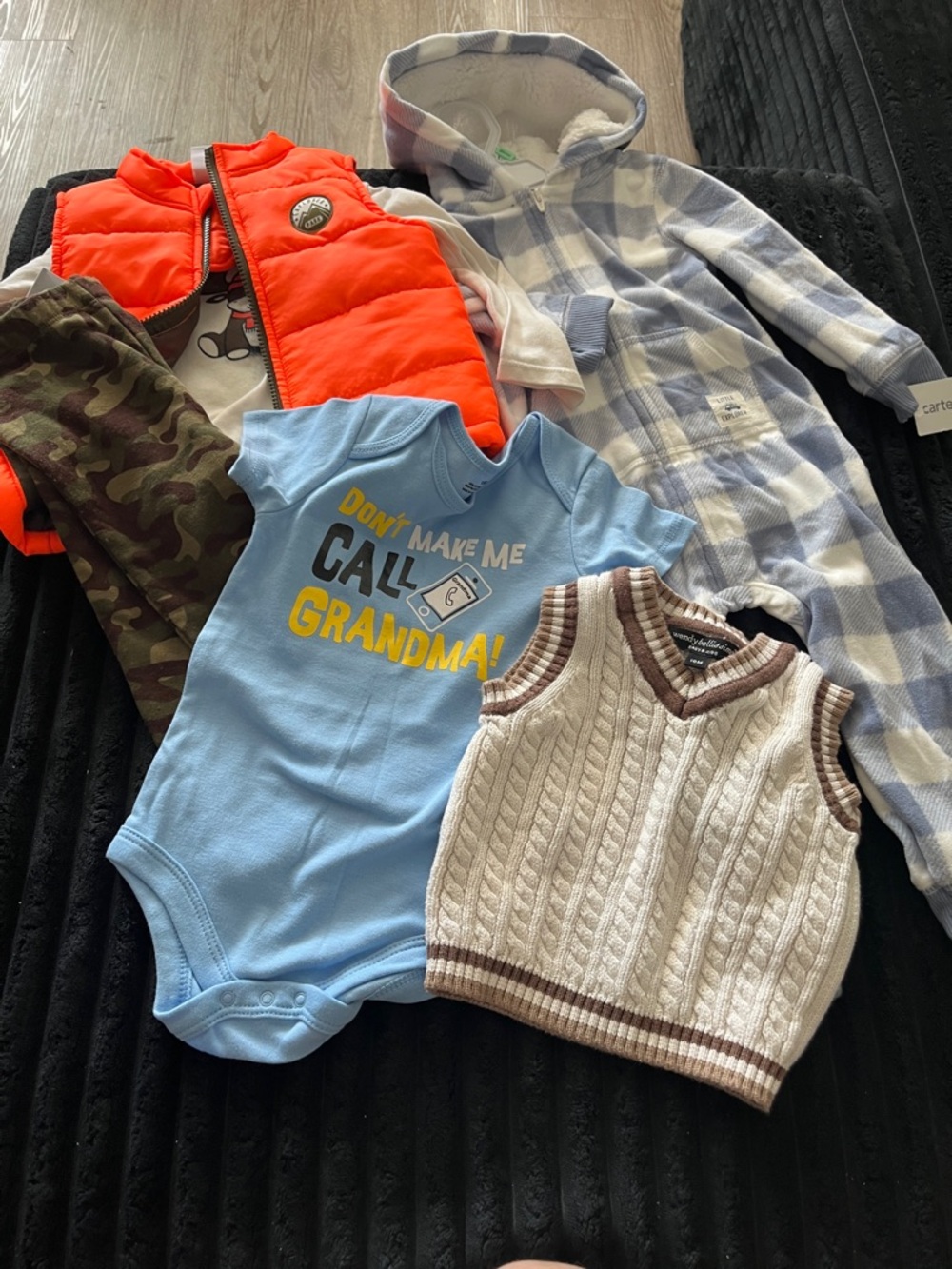 Carter's Orange Puffer Vest with Camouflage Pants and Graphic Tee PLUS other 18M